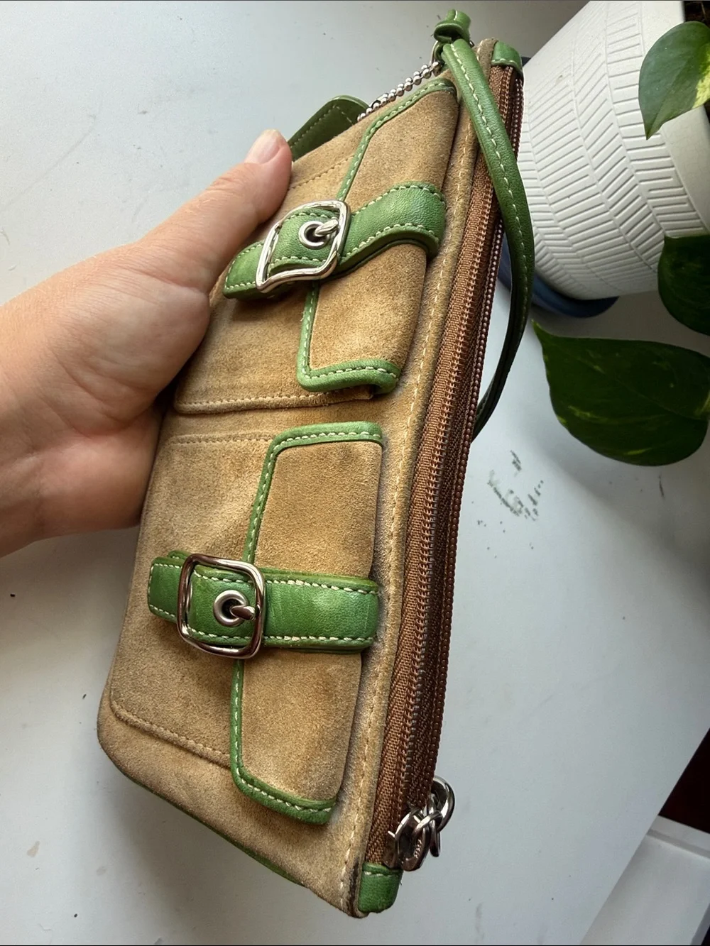 Coach Tan Suede Wristlet with Green Trim